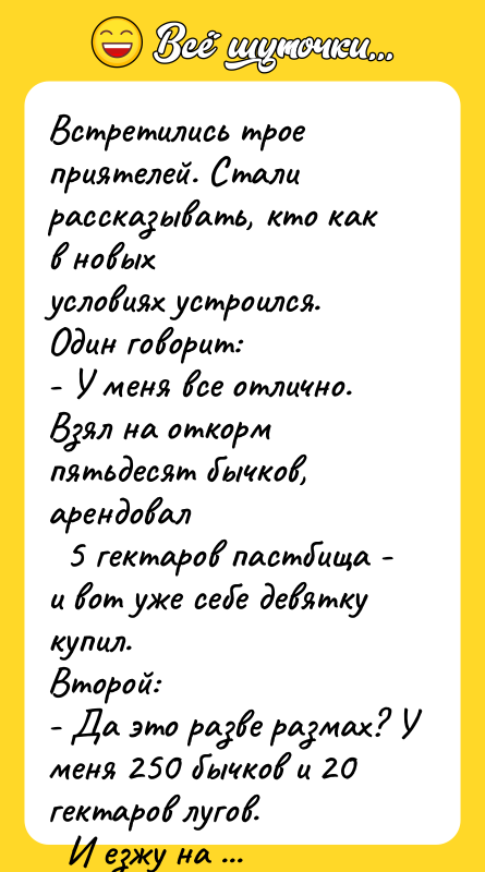 Встретились трое приятелей. Стали рассказывать, кто как в новых условиях