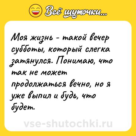 Шутка: Моя жизнь - такой вечер субботы, который слегка затянулся. Понимаю, что так не может продолжаться вечно, но я уже выпил и будь, что будет.