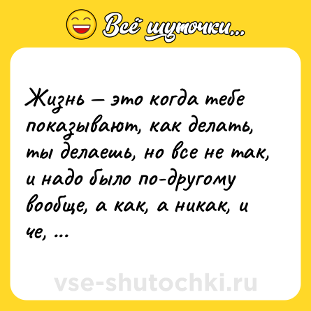 Шутка: Жизнь — это когда тебе показывают, как делать, ты делаешь, но все не так, и надо было по-другому вообще, а как, а никак, и че, а ниче, сиди.