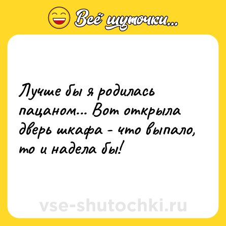 Шутка: Лучше бы я родилась пацаном... Вот открыла дверь шкафа - что выпало, то и надела бы!