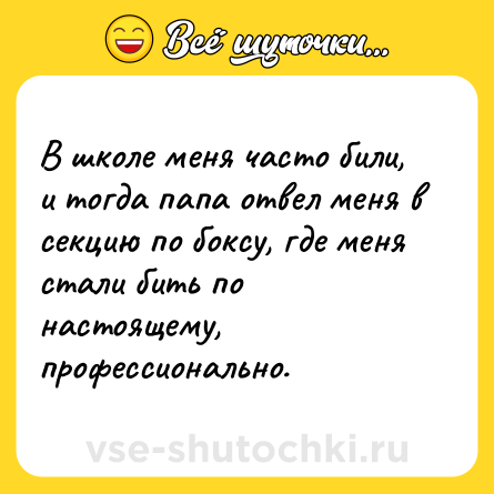 Шутка: В школе меня часто били, и тогда папа отвел меня в секцию по боксу, где меня стали бить по настоящему, профессионально.