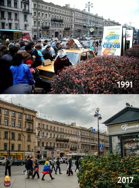 Смешная картинка №226798 Кажется, в 90-е люди выстраивались в очереди везде. Одна из центральных площадей Петербурга выглядела как рынок: кто-то покупал пирожки, другие толпились за билетами на выставку. Сегодня на площади торговать можно только в современных павильонах. Тротуар украсили плиткой, а в 2007 году с площади сняли трамвайные пути. Ходят слухи, что под площадью Восстания подумывают построить гигантский торговый комплекс с парковкой, но это не точно.<br><br>Санкт-Петербург, Россия.