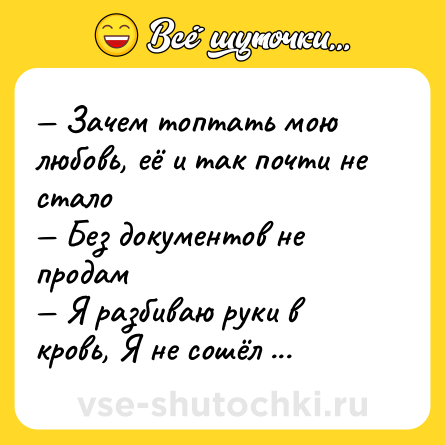 Шутка: — Зачем топтать мою любовь, её и так почти не стало <br>— Без документов не продам <br>— Я разбиваю руки в кровь, Я не сошёл с ума, так надо