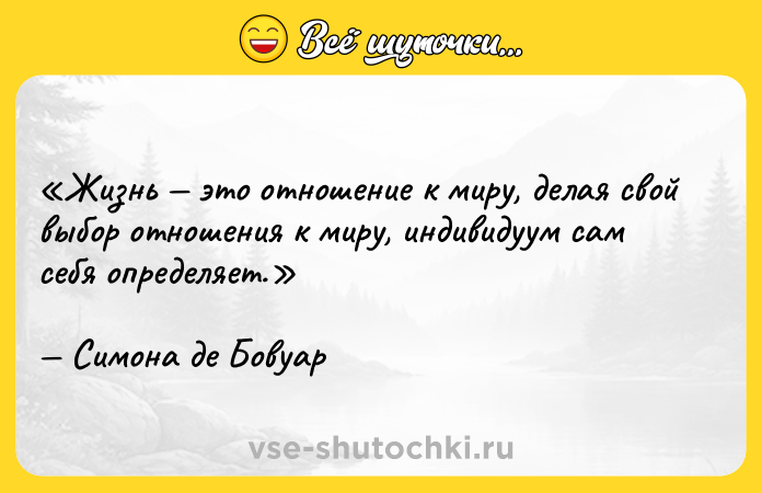 Цитата: Жизнь это отношение к миру, делая свой выбор отношения к миру, индивидуум сам себя определяет.Симона де Бовуар