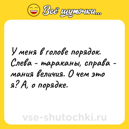 Шутка: У меня в голове порядок. Слева - тараканы, справа - мания величия. О чем это я? А, о порядке.