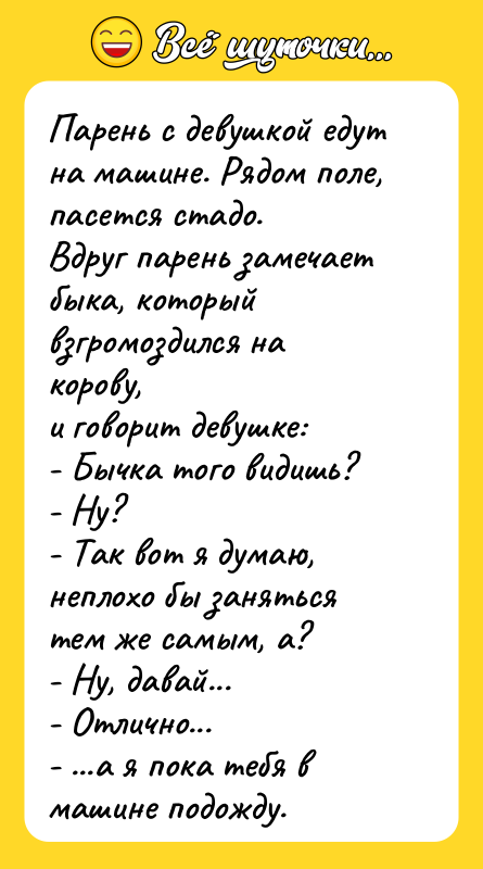 Парень с девушкой едут на машине. Рядом поле, пасется стадо.