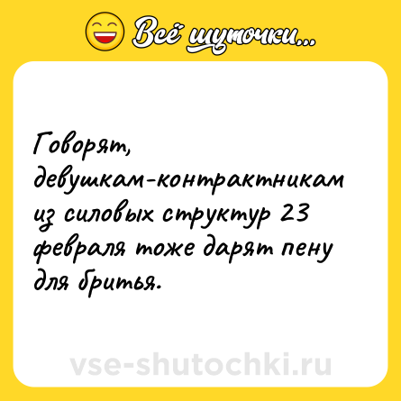 Шутка: Говорят, девушкам-контрактникам из силовых структур 23 февраля тоже дарят пену для бритья.