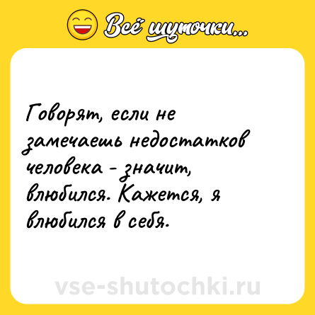 Шутка: Говорят, если не замечаешь недостатков человека - значит, влюбился. Кажется, я влюбился в себя.
