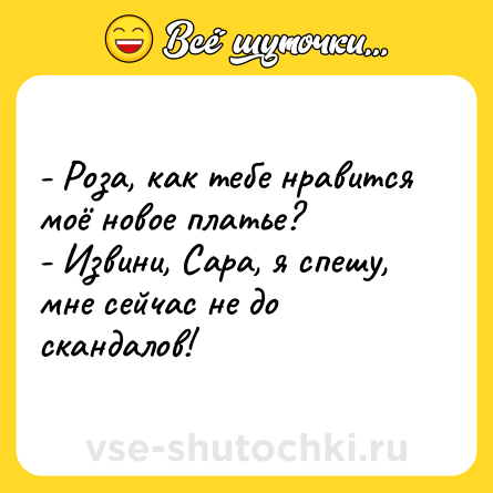 Шутка: - Роза, как тебе нравится моё новое платье?<br>- Извини, Сара, я спешу, мне сейчас не до скандалов!