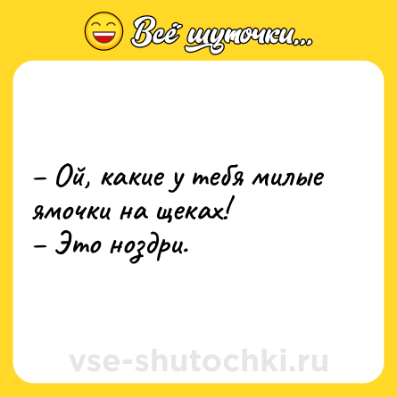 Шутка: – Ой, какие у тебя милые ямочки на щеках!<br>– Это ноздри.
