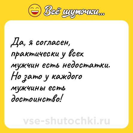 Шутка: Да, я согласен, практически у всех мужчин есть недостатки. Но зато у каждого мужчины есть достоинство!