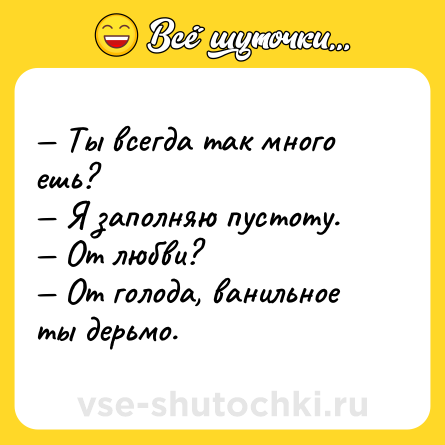 Шутка: — Ты всегда так много ешь? <br>— Я заполняю пустоту. <br>— От любви? <br>— От голода, ванильное ты дерьмо.