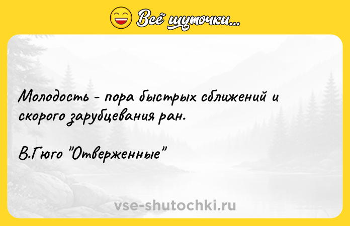 Цитата: Молодость - пора быстрых сближений и скорого зарубцевания ран. В.Гюго Отверженные