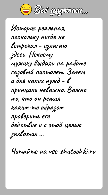 История: История реальная, поскольку нигде не встречал - излагаю здесь. Некоемумужику выдали на работе газовый пистолет. Зачем и для каких нужд