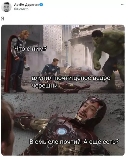 Железный человек и черешневая зависимость 🍒 - Что с ним? Влупил почти целое ведро черешни. В смысле