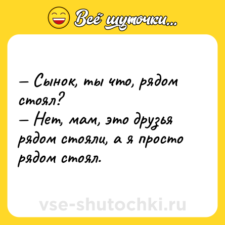Шутка: — Сынок, ты что, рядом стоял?<br>— Нет, мам, это друзья рядом стояли, а я просто рядом стоял.