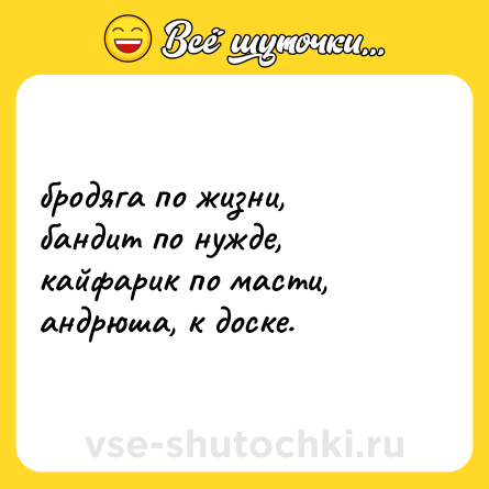 Шутка: бродяга по жизни,  <br>бандит по нужде,  <br>кайфарик по масти,  <br>андрюша, к доске.