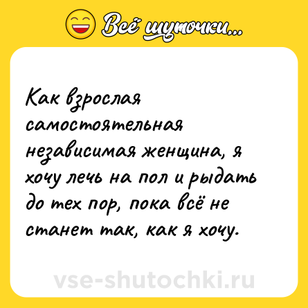 Шутка: Как взрослая самостоятельная независимая женщина, я хочу лечь на пол и рыдать до тех пор, пока всё не станет так, как я хочу.