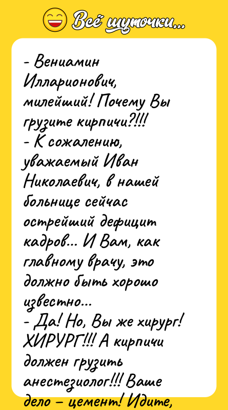 - Вениамин Илларионович, милейший! Почему Вы грузите кирпичи?!!! - К