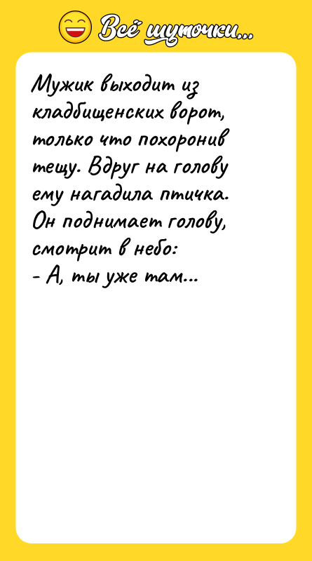 Мужик выходит из кладбищенских ворот, только что похоронив тещу. Вдруг