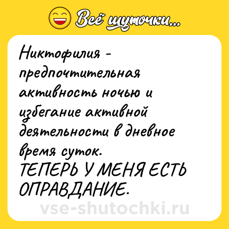 Шутка: Никтофилия - предпочтительная активность ночью и избегание активной деятельности в дневное время суток. <br>ТЕПЕРЬ У МЕНЯ ЕСТЬ ОПРАВДАНИЕ.