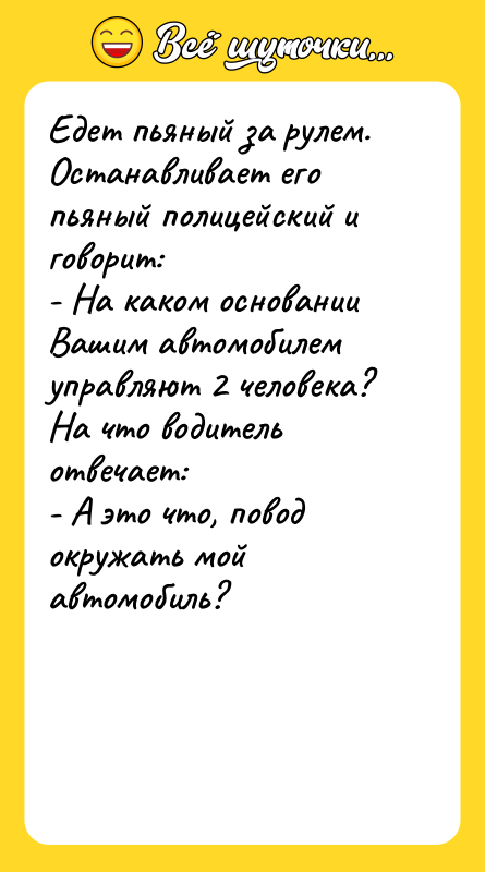 Едет пьяный за рулем. Останавливает его пьяный полицейский и говорит: