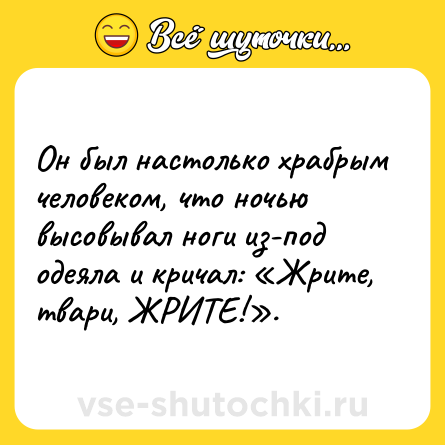 Шутка: Он был настолько храбрым человеком, что ночью высовывал ноги из-под одеяла и кричал: «Жрите, твари, ЖРИТЕ!».