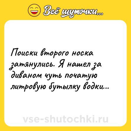 Шутка: Поиски второго носка затянулись. Я нашел за диваном чуть початую литровую бутылку водки...