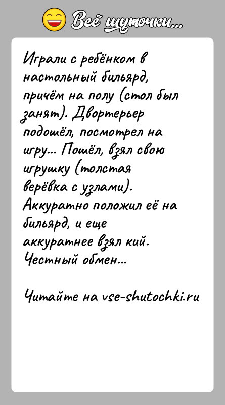 История: Играли с ребёнком в настольный бильярд, причём на полу (стол был занят). Двортерьер подошёл, посмотрел на игру... Пошёл, взял свою