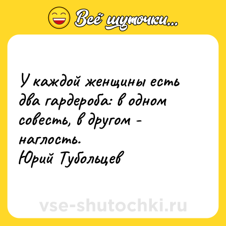 Шутка: У каждой женщины есть два гардероба: в одном совесть, в другом - наглость.<br>Юрий Тубольцев