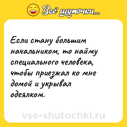 Шутка: Если стану большим начальником, то найму специального человека, чтобы приезжал ко мне домой и укрывал одеялком.