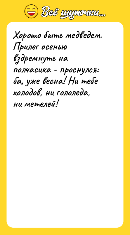 Хорошо быть медведем. Прилег осенью вздремнуть на полчасика - проснулся: