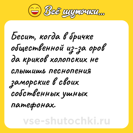 Шутка: Бесит, когда в бричке общественной из-за оров да криков холопских не слышишь песнопения заморские в своих собственных ушных патефонах.