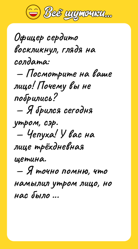 Офицер сердито воскликнул, глядя на солдата:<br/> — Посмотрите на ваше