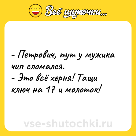 Шутка: - Петрович, тут у мужика чип сломался.<br>- Это всё херня! Тащи ключ на 17 и молоток!