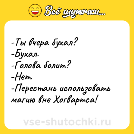 Шутка: -Ты вчера бухал?-Бухал.-Голова болит?-Нет.-Перестань использовать магию вне Хогвартса!