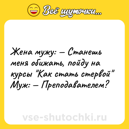Шутка: Жена мужу: — Станешь меня обижать, пойду на курсы 