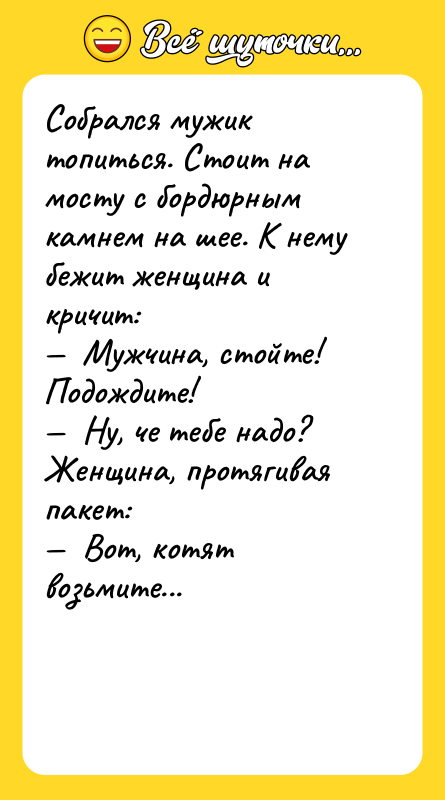 Собрался мужик топиться. Стоит на мосту с бордюрным камнем на