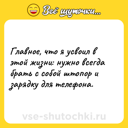 Шутка: Главное, что я усвоил в этой жизни: нужно всегда брать с собой штопор и зарядку для телефона.