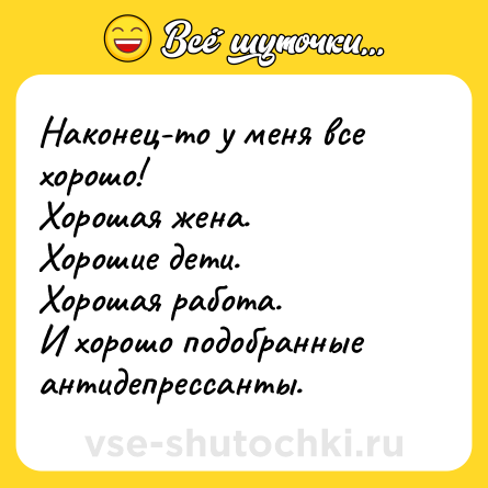 Шутка: Наконец-то у меня все хорошо!<br>Хорошая жена.<br>Хорошие дети. <br>Хорошая работа.<br>И хорошо подобранные антидепрессанты.