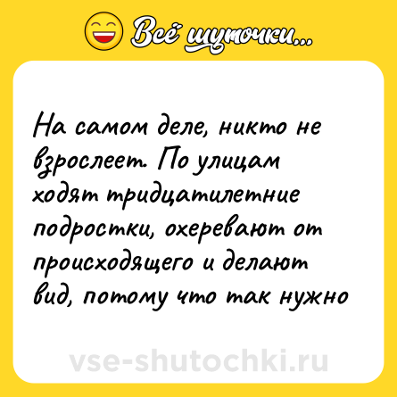 Шутка: На самом деле, никто не взрослеет. По улицам ходят тридцатилетние подростки, охеревают от происходящего и делают вид, потому что так нужно