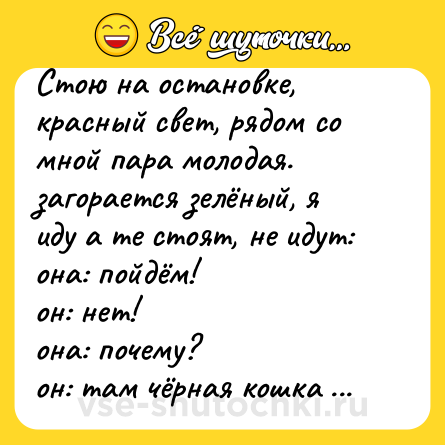 Шутка: Стою на остановке, красный свет, рядом со мной пара молодая. загорается зелёный, я иду а те стоят, не идут:<br>она: пойдём!<br>он: нет!<br>она: почему?<br>он: там чёрная кошка пробежала!<br>она: ты что в эти сказки веришь?!<br>он: да! со мной раз уже так беда случилась!<br>она: какая?!<br>он: я тебя
