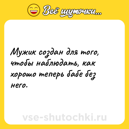 Шутка: Мужик создан для того, чтобы наблюдать, как хорошо теперь бабе без него.