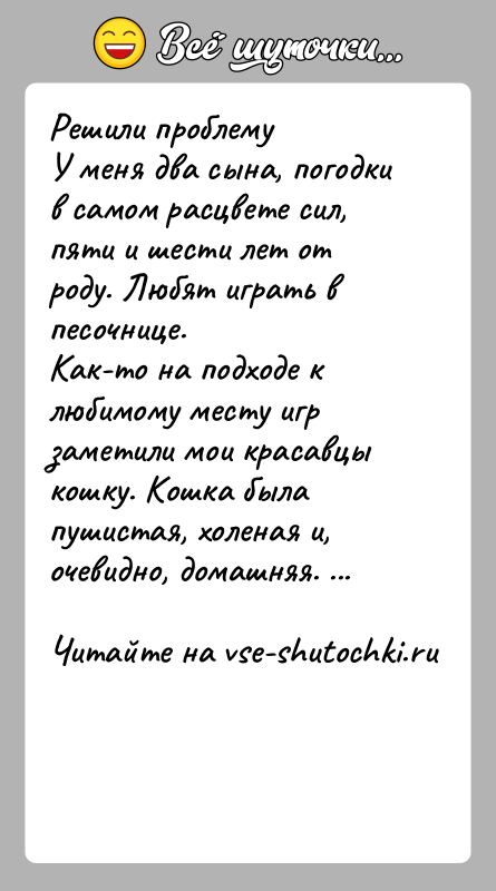 История: Решили проблемуУ меня два сына, погодки в самом расцвете сил, пяти и шести лет от роду. Любят играть в песочнице.Как-то