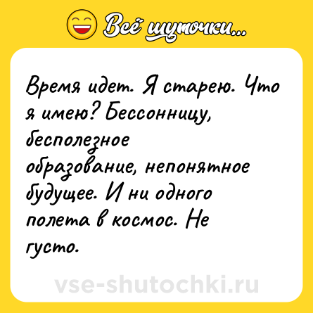 Шутка: Время идет. Я старею. Что я имею? Бессонницу, бесполезное образование, непонятное будущее. И ни одного полета в космос. Не густо.
