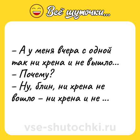 Шутка: – А у меня вчера с одной так ни хрена и не вышло…<br>– Почему?<br>– Ну, блин, ни хрена не вошло – ни хрена и не вышло!