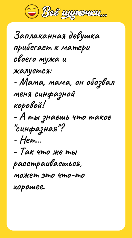 Заплаканная девушка прибегает к матери своего мужа и жалуется: -