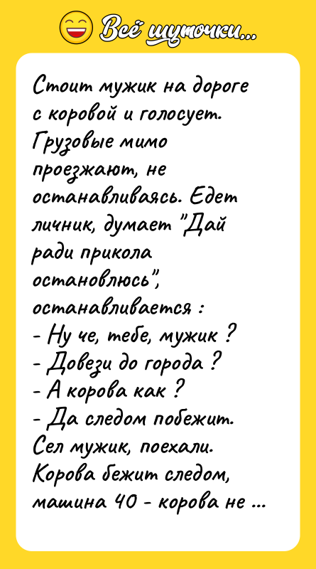 Стоит мужик на дороге с коровой и голосует. Грузовые мимо