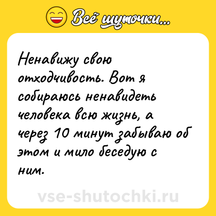 Шутка: Ненавижу свою отходчивость. Вот я собираюсь ненавидеть человека всю жизнь, а через 10 минут забываю об этом и мило беседую с ним.