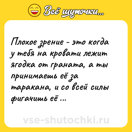 Шутка: Плохое зрение - это когда у тебя на кровати лежит ягодка от граната, а ты принимаешь её за таракана, и со всей силы фигачишь её тапком...